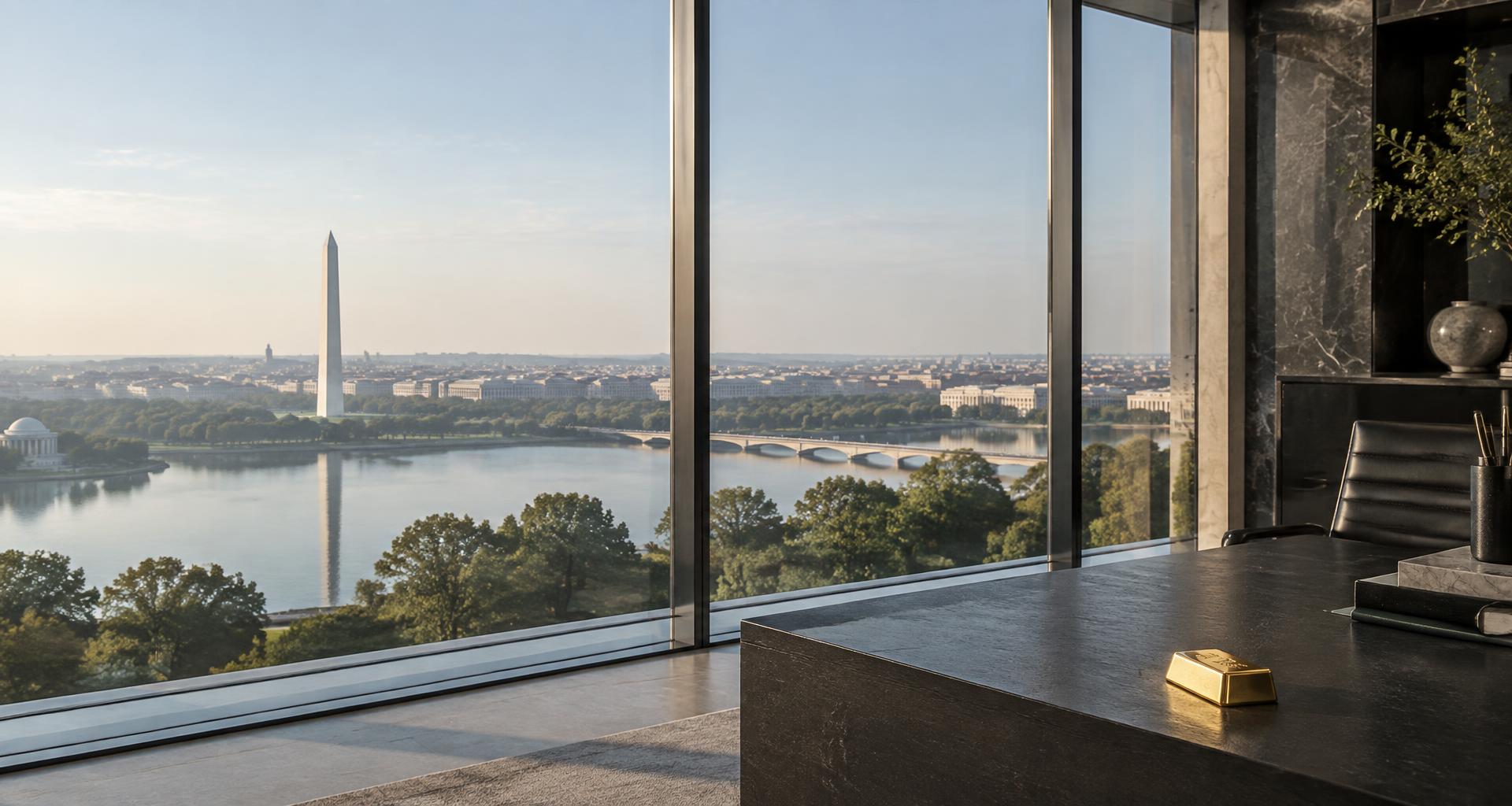 Conceptual gold research desk overlooking Washington DC and the Potomac, with a gold bar on the desk