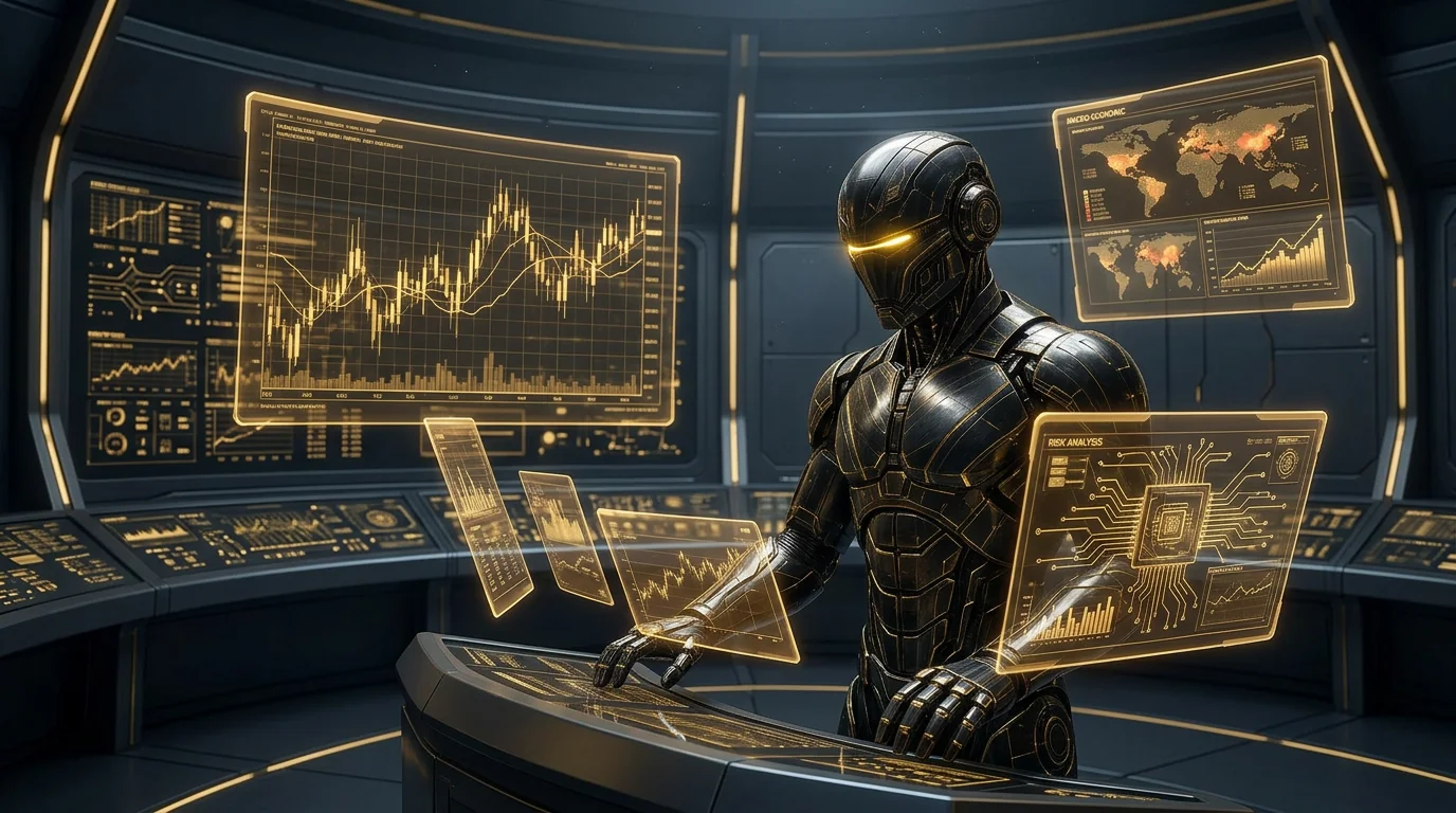 ORION operating a holographic institutional command console with candlestick charts, macro feeds, and risk panels