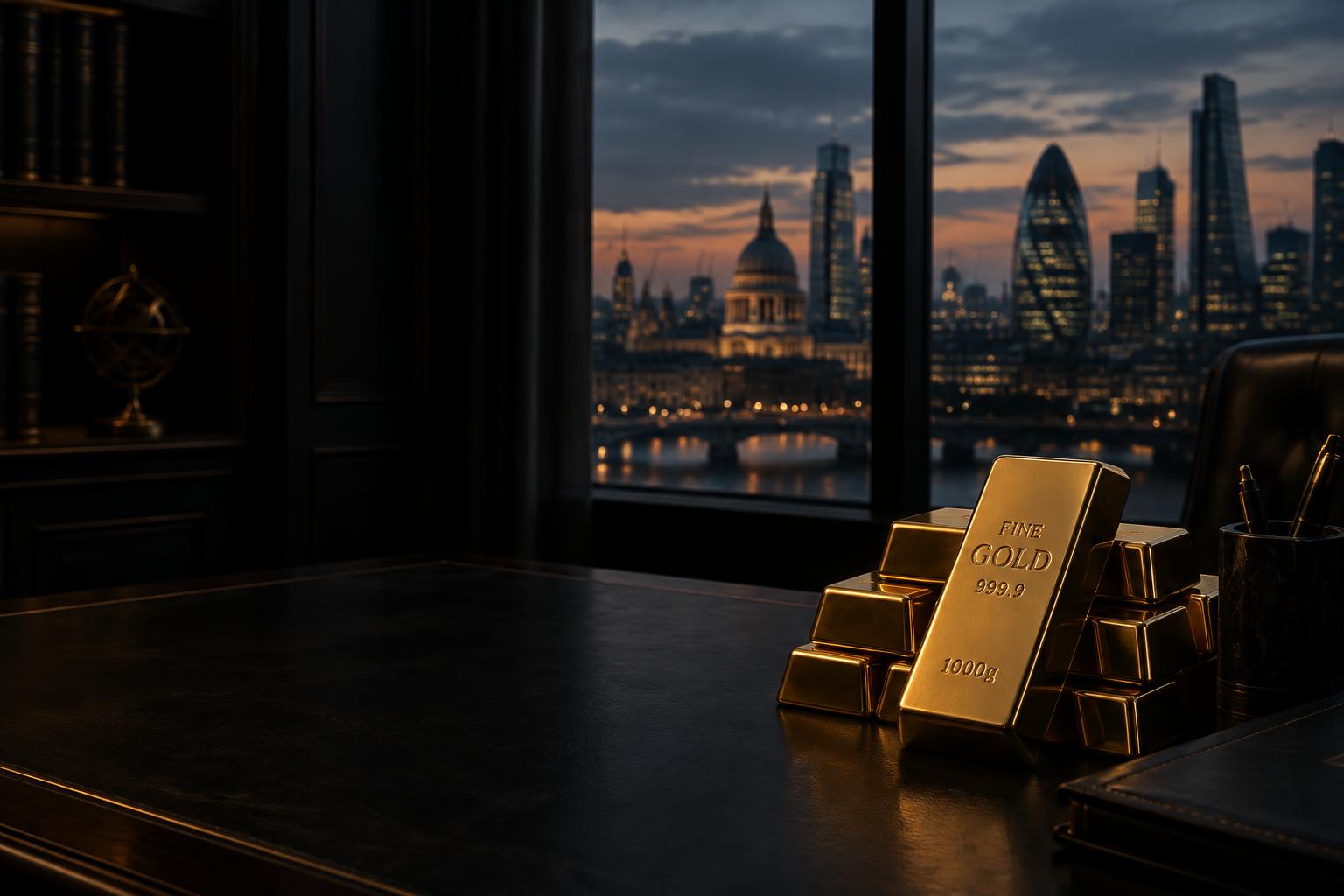 Gold bullion on a desk overlooking the City of London skyline at dusk