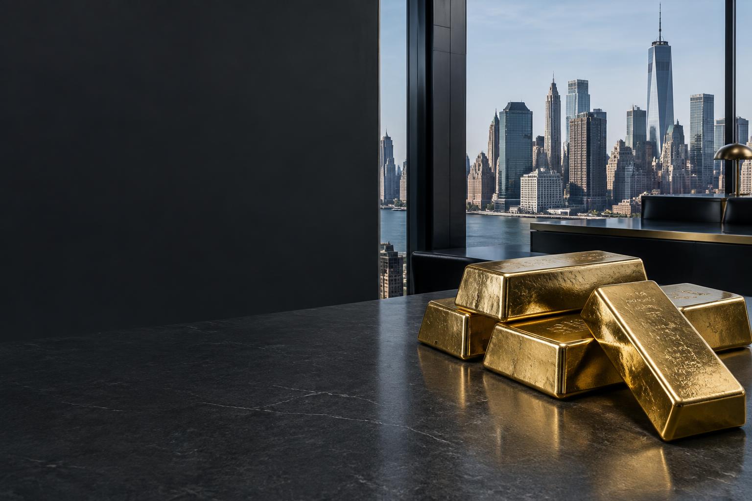 Gold bullion on a desk overlooking New York's financial district